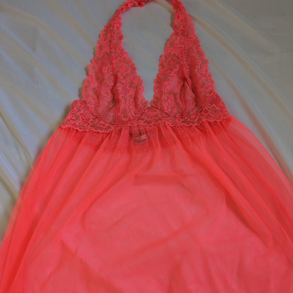 Victoria's Secret lingerie lace halter baby doll hot coral Medium